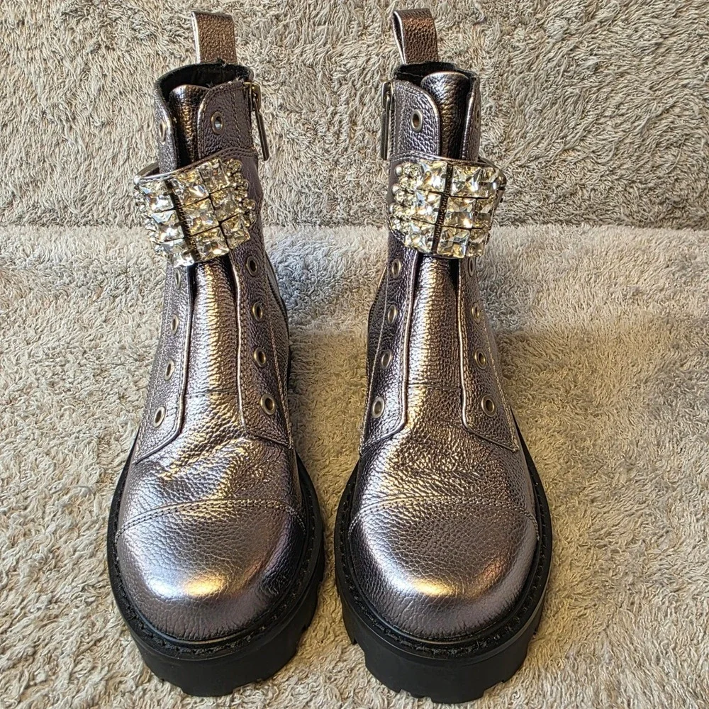 Karl Lagerfeld Rhinestone Ankle Metallic Silver‎ Leather Combat Boots 5M NEW